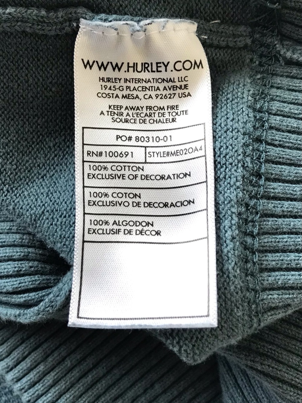 Hurley One & Only Jade Green V-Neck Knit Sweater Small unisex skater slim fit - Picture 5 of 7